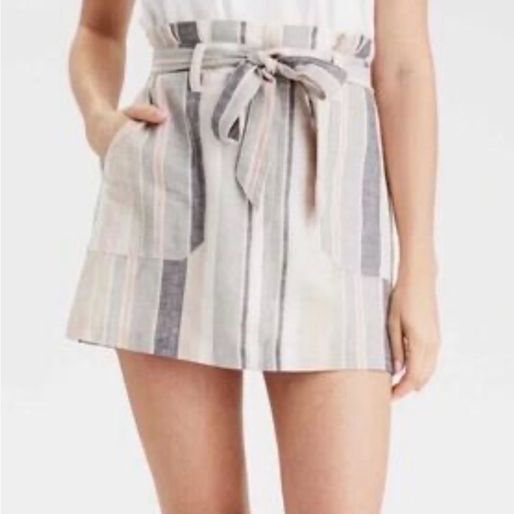 American Eagle Cotton/Linen Striped Tie-Waist Small Mini Skirt